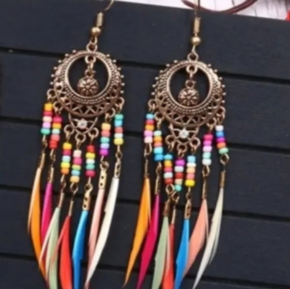 NWT Boho Colorful Long Beads Tassel Dangle Drop Earrings - Gold - Picture 3 of 6